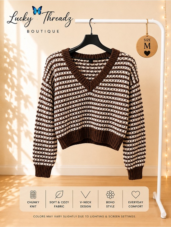 Hippie Rose Sweaters - Hippie Rose Cropped Sweater Medium M Brown Cream Striped V Neck Chunky Knit Boho